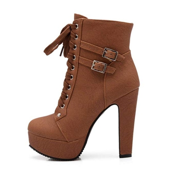 ADALINE Tan Chunky Heeled Booties - Picture 2 of 6
